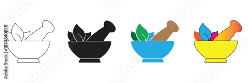 A set of mortar and pestle icons with fresh leaves, symbolizing natural medicine, herbal remedies, and traditional pharmacy, offered in various styles, isolated on transparent background.