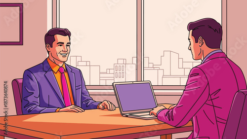 Two male professionals engaging in a collaborative discussion within a bright office with urban