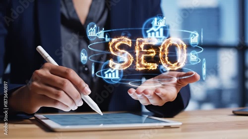 Professional woman interacting with a glowing fire SEO hologram and floating digital marketing charts over a tablet, depicting search engine optimization strategy, analytics, and tech growth.