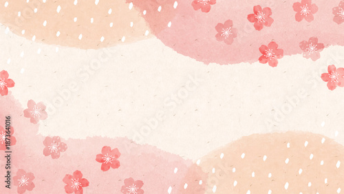 桜と雲をあしらった、春のやさしく上品な和紙の背景。Japanese Spring soft pink layout background.桜と雲の和風な壁紙。4月の桜色の壁紙。