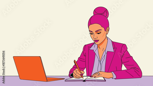 Striking illustration of a vibrant professional woman meticulously jotting down insights,