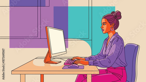 Professional woman diligently working on her desktop computer within a modern, colorful workspace