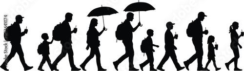 Black silhouettes of successful business teams, happy families with children, romantic couples, and playful kids walking isolated on white background.