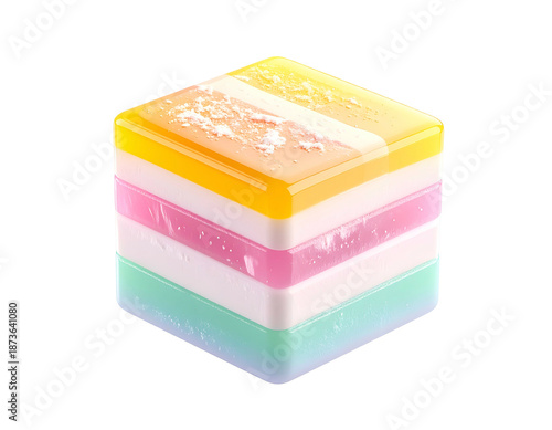 Colorful, layered cube confection, translucent, on black