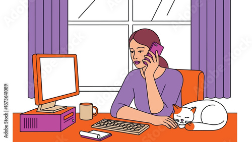 Remote professional managing calls from home, feline companion rests nearby, embodying modern