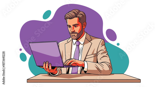 Dynamic illustration of a modern businessman diligently working on a laptop, embodying