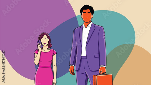 Dynamic business professionals communication in a modern corporate setting with vibrant abstract