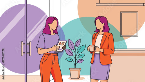 Modern professional women collaborating with digital tools and coffee in a contemporary office