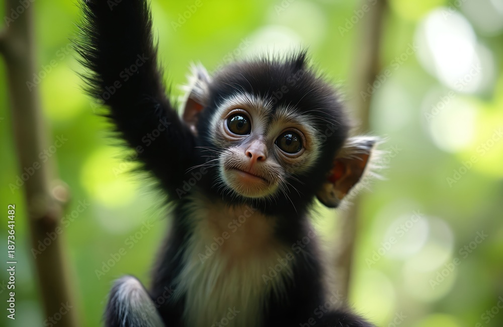 Fototapeta premium Close up portrait of cute baby spider monkey with curious look. Primate hangs on tree branch in forest. Young animal with fur explores wildlife, enjoys jungle nature.