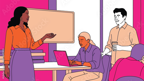 Vibrant illustration of diverse professionals engaging in a dynamic modern office meeting and work