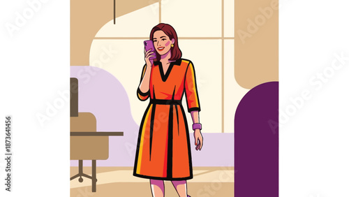 Professional woman communicating cheerfully on mobile phone in a modern office environment