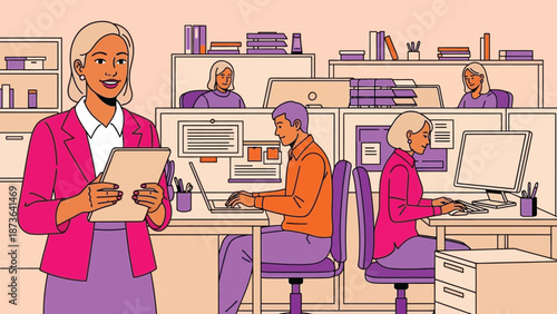 Vibrant office scene illustrating a professional woman leading a dynamic team working diligently