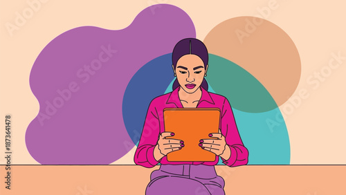 A focused woman engages with her digital tablet in a vibrant abstract environment fostering