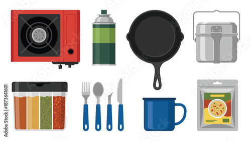 Camping Kitchen Gear Collection: Portable Stove, Cookware, Utensils, and Supplies for Outdoor Cooking and Adventures