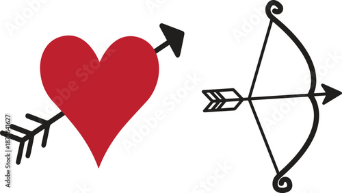 Heart pierced by arrow and cupid bow illustration isolated on white background. Romantic love symbol in simple graphic style. Perfect for Valentine’s Day, wedding designs, dating themes, and relations