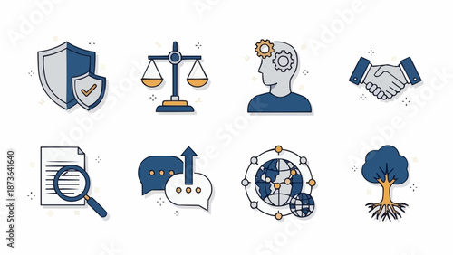 Collection of Business and Legal Icons Representing Concepts.