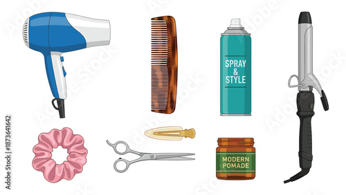 Hair Styling Tools and Products Set. Beauty salon essentials: hairdryer, comb, spray, curling iron, scrunchie, scissors, pomade.
