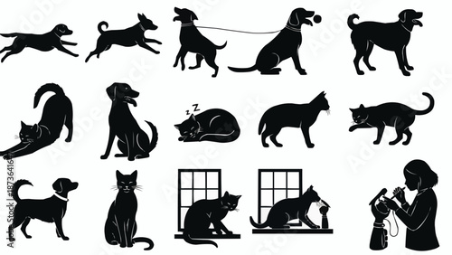 Collection of Black Dog and Cat Silhouettes in Various Poses.