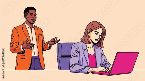 Dynamic illustrated scene portraying diverse professionals engaged in a productive modern