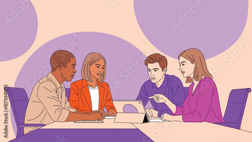 Dynamic group of professionals engaged in a productive discussion around a tablet in a modern