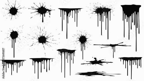 Collection of black ink splatters and drips on white background.