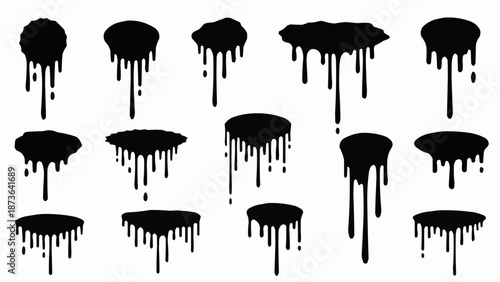 Collection of black ink splatters and drips on white background.