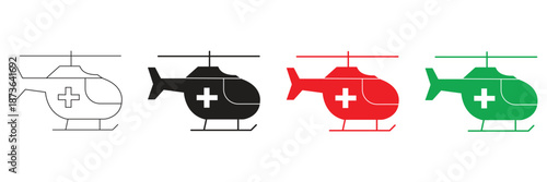 Multiple variants of medical helicopter icons with a prominent cross symbol, representing urgent emergency air rescue services and vital healthcare transportation, isolated on transparent background.