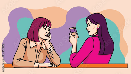 Dynamic illustration of two women sharing moments and digital content on a compact device in a