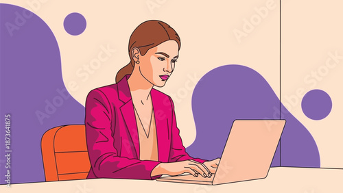 Professional woman focused on her work, typing diligently on a laptop in a modern illustrated