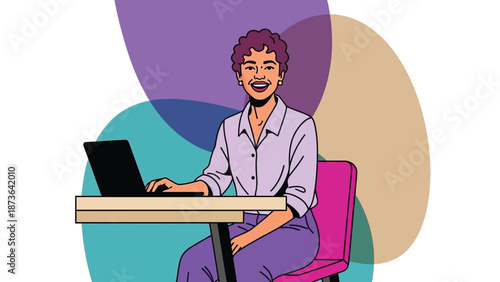 Joyful professional woman working diligently at a desk with her laptop in a vibrant digital