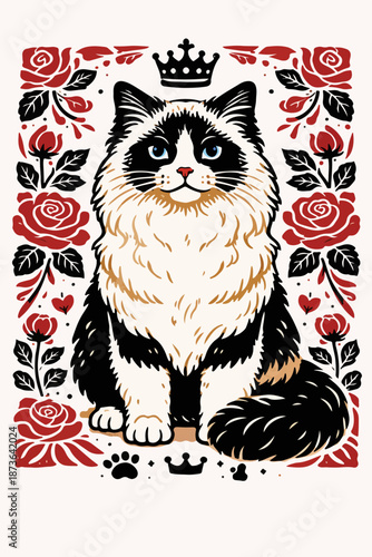Charming fluffy cat portrait surrounded by roses and ornamental decoration perfect for pet themed prints greeting cards and product packaging