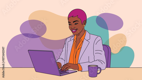 Illustrative depiction of a cheerful woman with pink hair expertly navigating her digital tasks