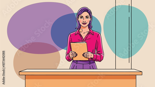 Confident female presenter sharing vital information at a modern professional broadcast studio