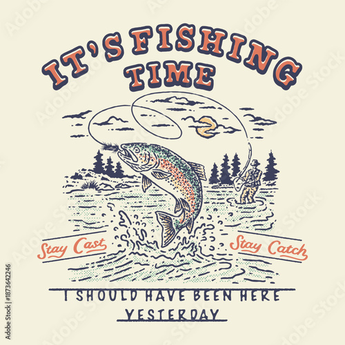 fishing illustration river graphic trout design nature badge text vintage outdoor