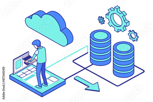 Data warehouse concept showing integrated database for business data analysis, businessman using laptop to access business intelligence insights.