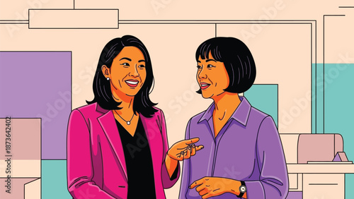 Vibrant illustration capturing two confident professional women sharing ideas and positive