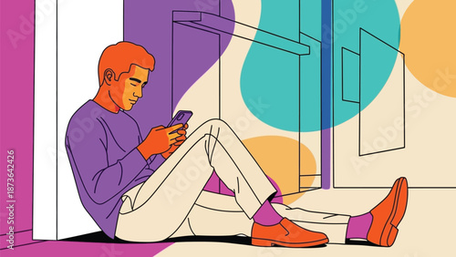 Young man immersed in his smartphone, casually sitting indoors with vibrant, modern aesthetic
