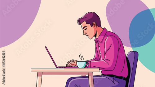 Focused young professional working on laptop with steaming coffee at home office desk, engaging in