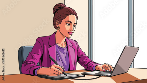 Focused female designer creating digital art on a graphic tablet while multitasking with laptop