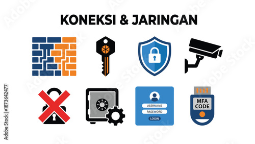 Cybersecurity & Network Protection Icons. Digital data security, authentication, firewall, surveillance, and access control symbols.
