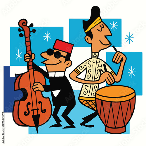 Energetic stylized cartoon of three musicians performing together perfect for festival posters children content and music themed marketing materials