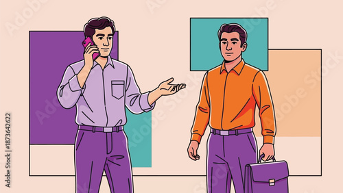 Dynamic business communication between two professional men discussing work with vibrant digital