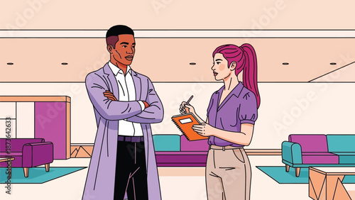 Diverse professionals collaborate in a stylish office environment discussing business strategies