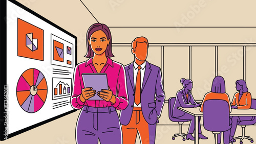 Professional business woman leads an important data presentation to her attentive team in a modern