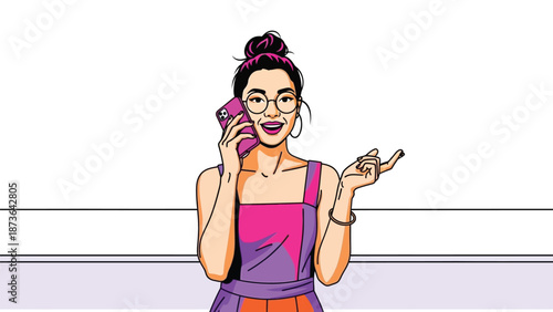 Animated young woman in glasses having a lively phone conversation with expressive hand gestures