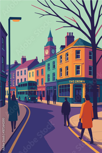 Vibrant town street scene with pastel facades and people strolling a retro inspired travel illustration suitable for postcards posters and editorial use