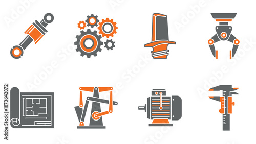 Mechanical Engineering & Industrial Icons Set. Manufacturing, Design, Tools, Components, Automation, and Precision.