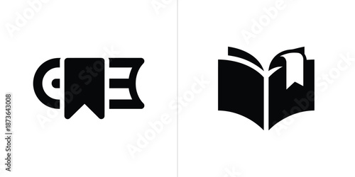Black Book And Toilet Paper Roll Icons with Bookmark on White Background