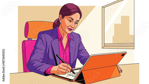 Dedicated professional woman utilizing a digital tablet and stylus for focused creative and