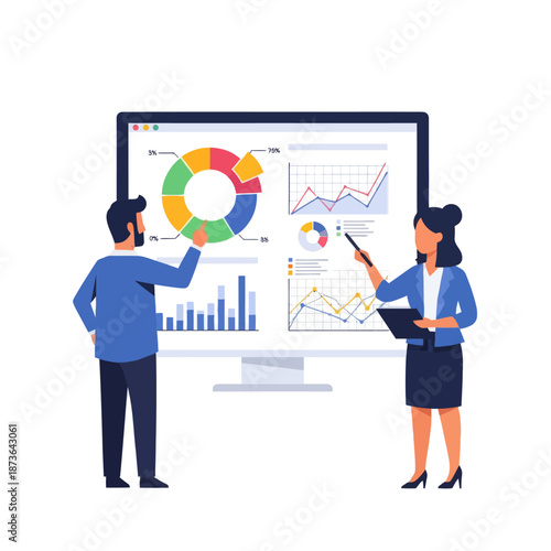 Business analytics concept: team analyzing data on a large computer screen with charts